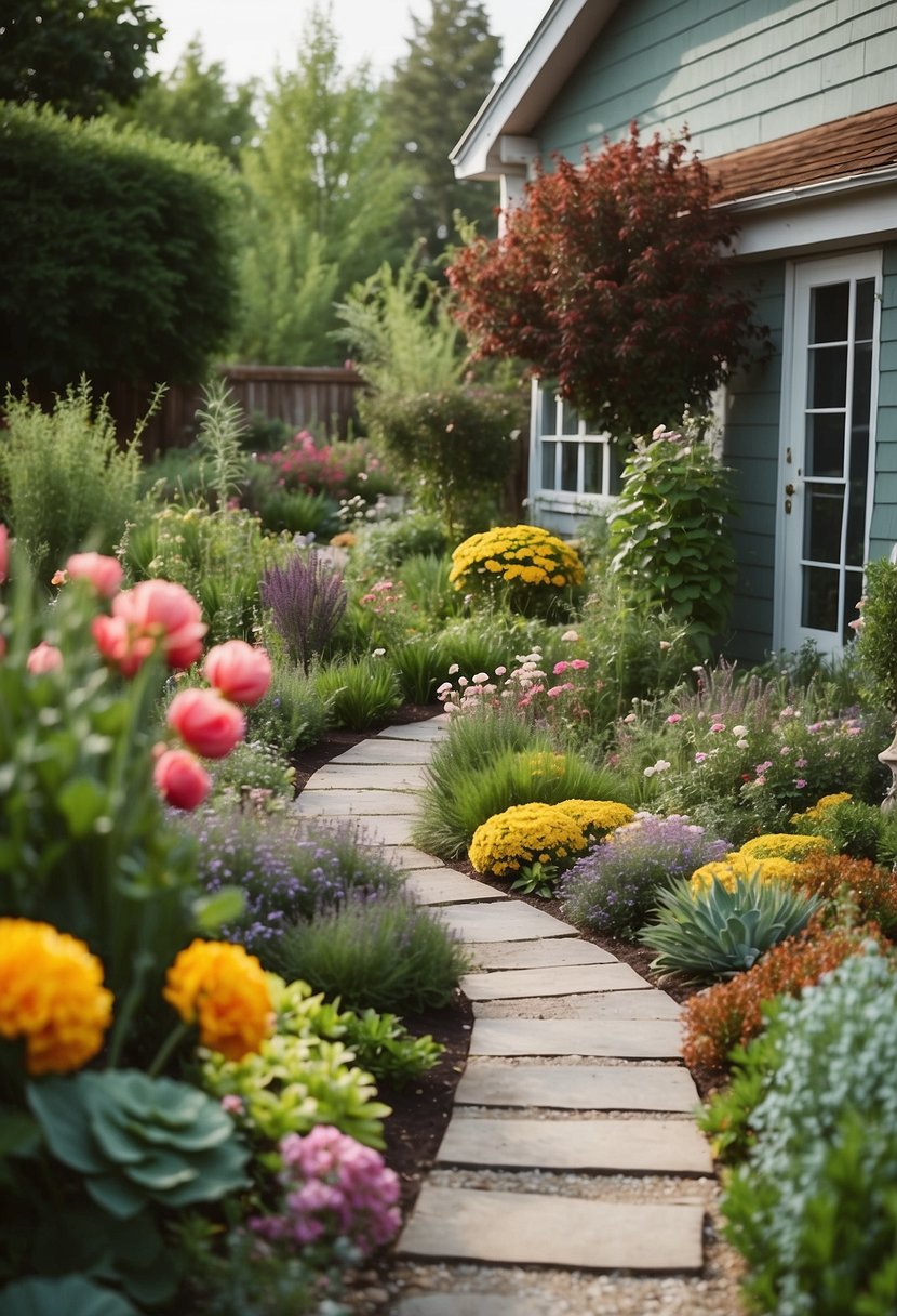 A front yard filled with colorful vegetable and herb gardens, surrounded by neatly trimmed bushes and flowering plants. A small path leads to the front door, inviting visitors to explore the edible landscape