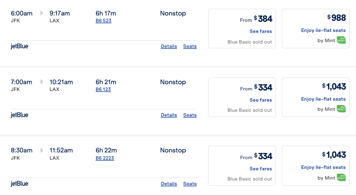 JetbLue fares in cash from JFK to LAX