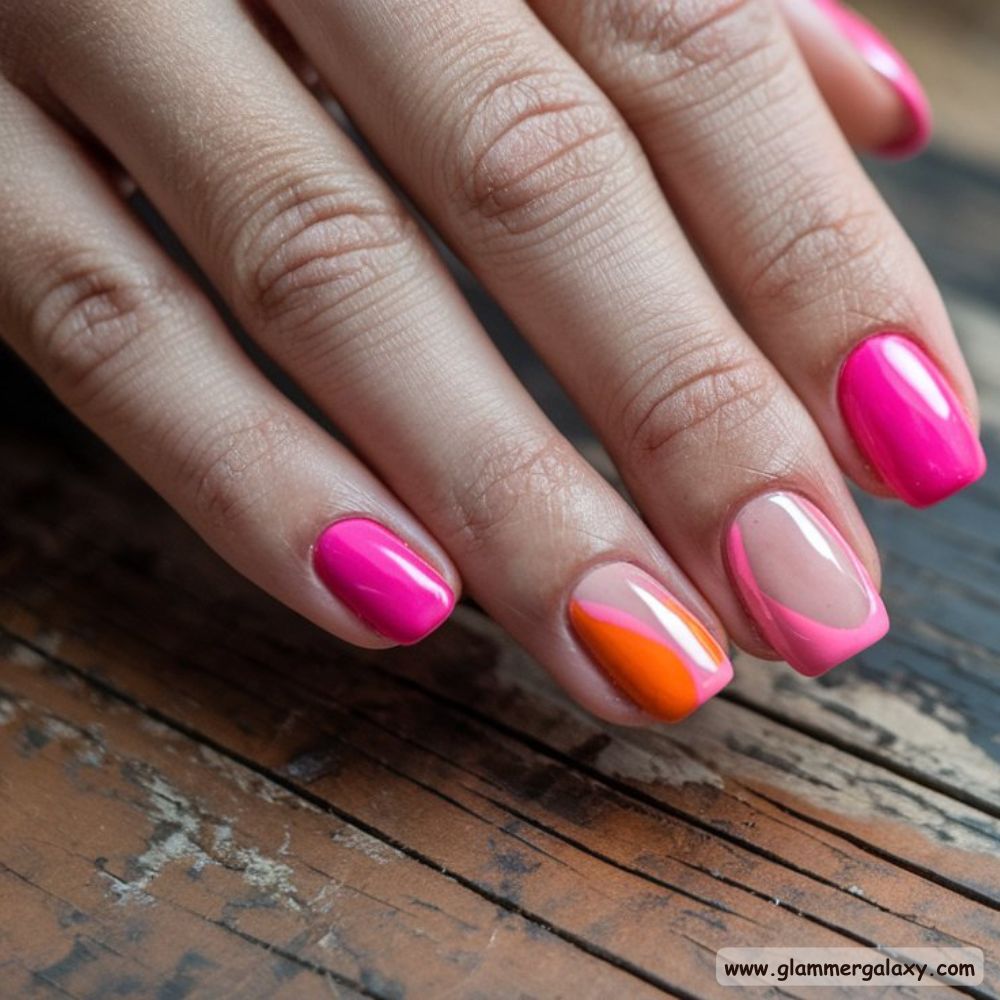 Orange and Pink Summer Nails with Modern Negative Space Accent