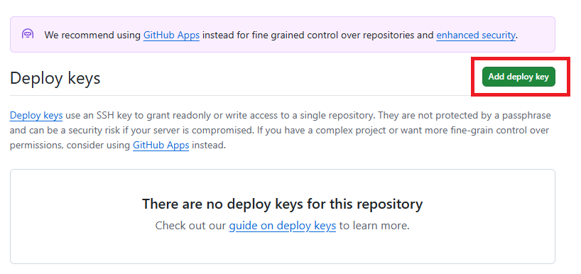 Screenshot of how to add SSH keys to GitHub repository: Click on "Add deploy key" button