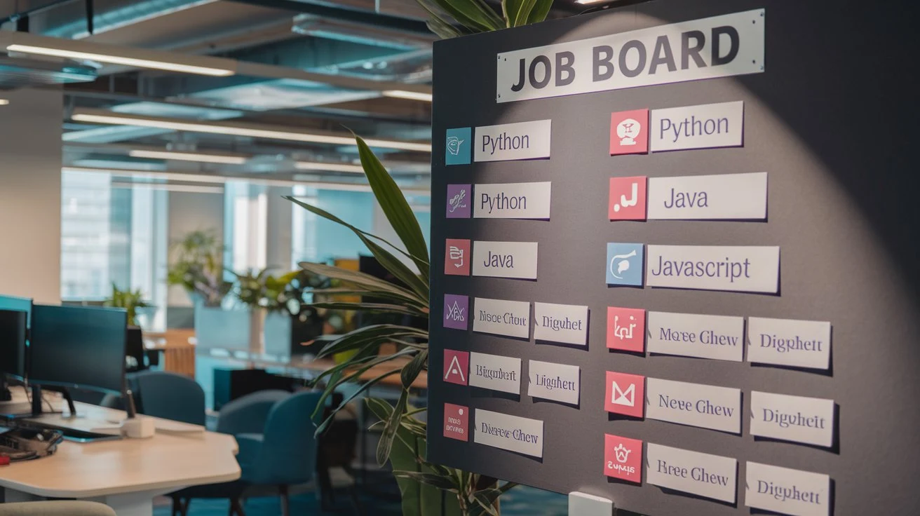 A job board listing high-paying tech roles, each highlighting specific programming languages.