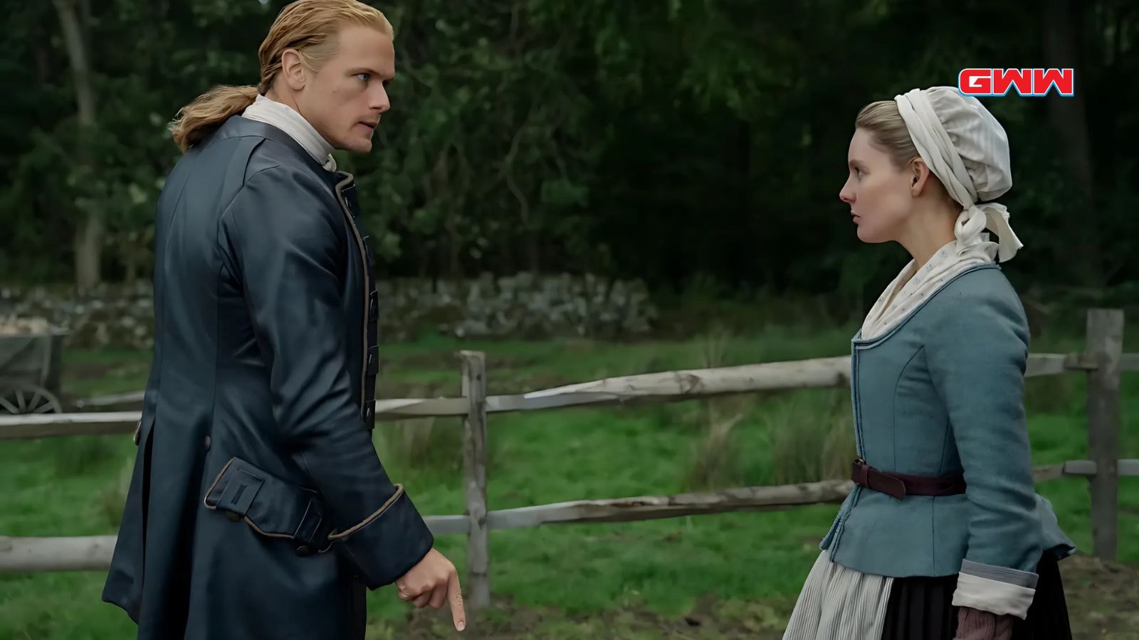 Nell Hudson as Laoghaire MacKenzie and Sam Heughan as Jamie Fraser in Outlander Season 7 Part 2