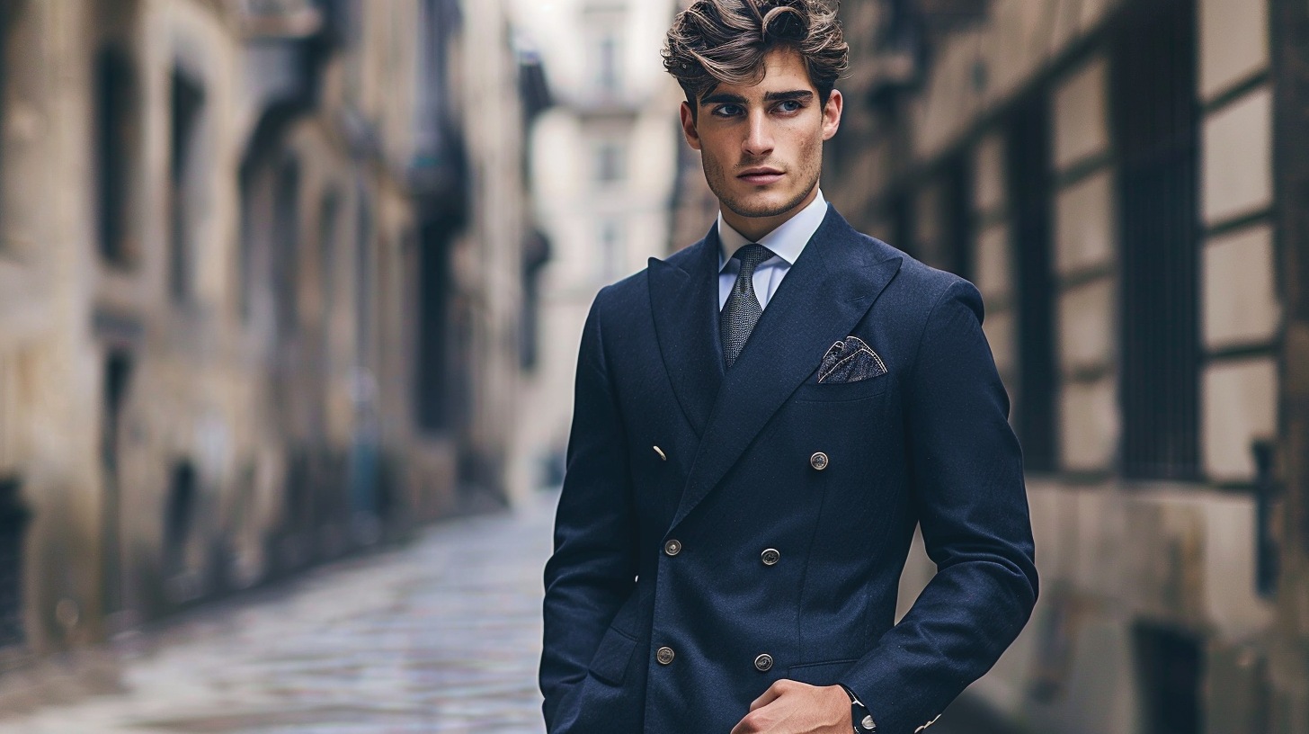 Man in a structured double-breasted suit coat; wide front overlap; peak lapels; formal setting or elegant evening event; bold, confident posture; darker tones like navy or black