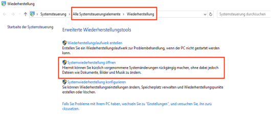 Öffnen Sie Systemwiederherstellung