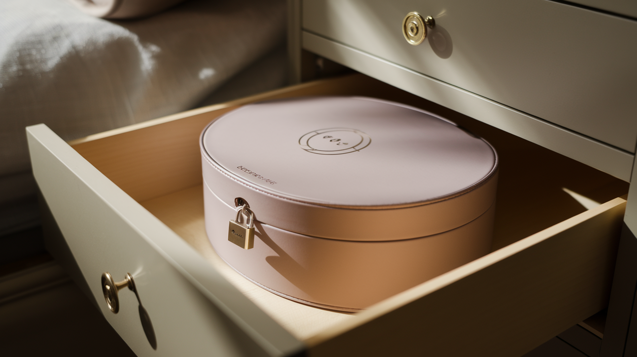 Create a realistic image of a discreet, elegant packaging box for a sex toy partially hidden in a drawer, with a small lock on the box, neutral colors, soft lighting highlighting the secure design, creating a sense of privacy and discretion in a bedroom setting.