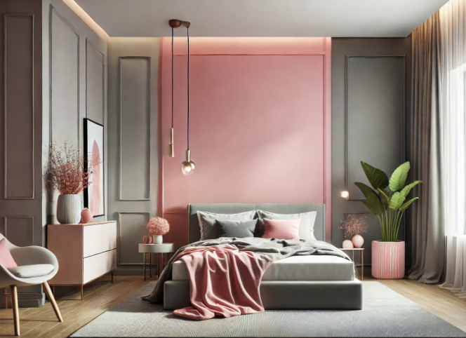 Urban chic bedroom with a soft pink and grey color scheme, combining grace and sophistication.
