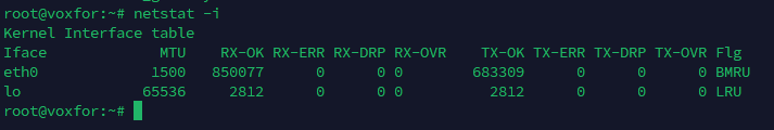 Using netstat -i to display statistics for each network interface