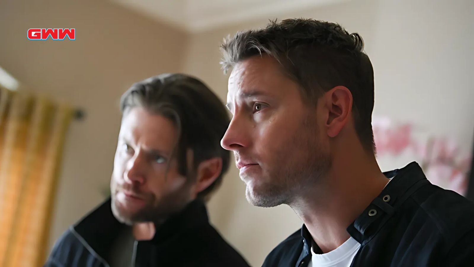 Justin Hartley as Colter Shaw and Jensen Ackles as Russell Shaw listening in Tracker Season 2