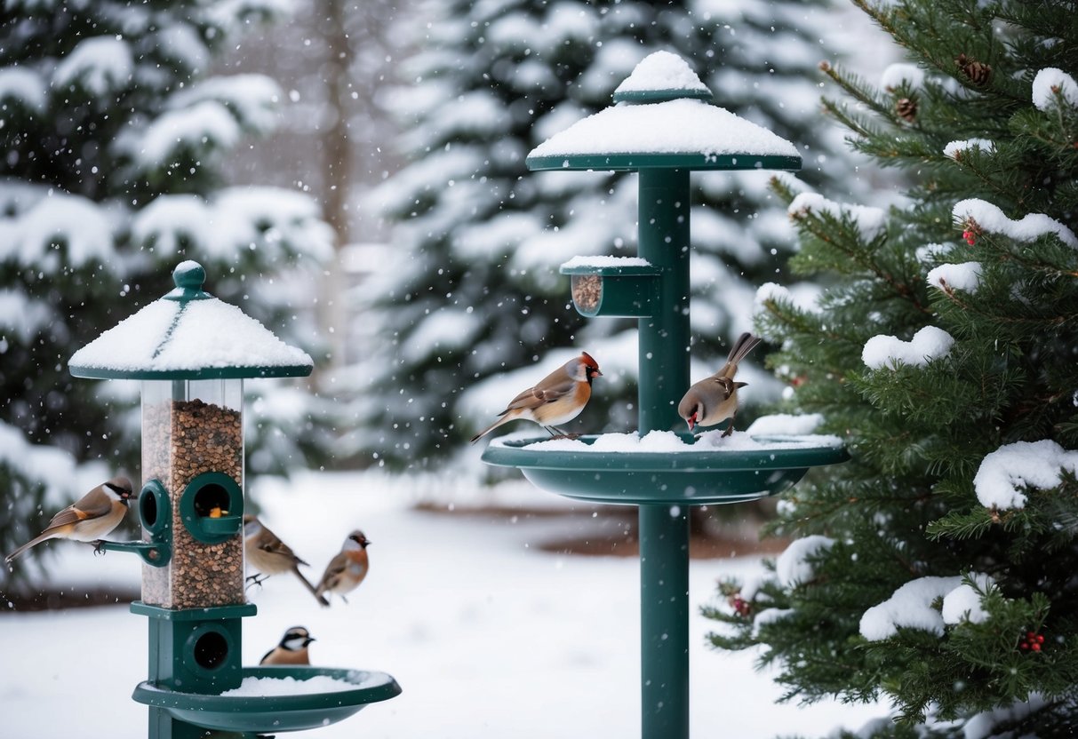 A snow-covered garden with bird feeders, birdbaths, and evergreen trees. Birds are perched and feeding on seeds and berries. Snowflakes falling gently