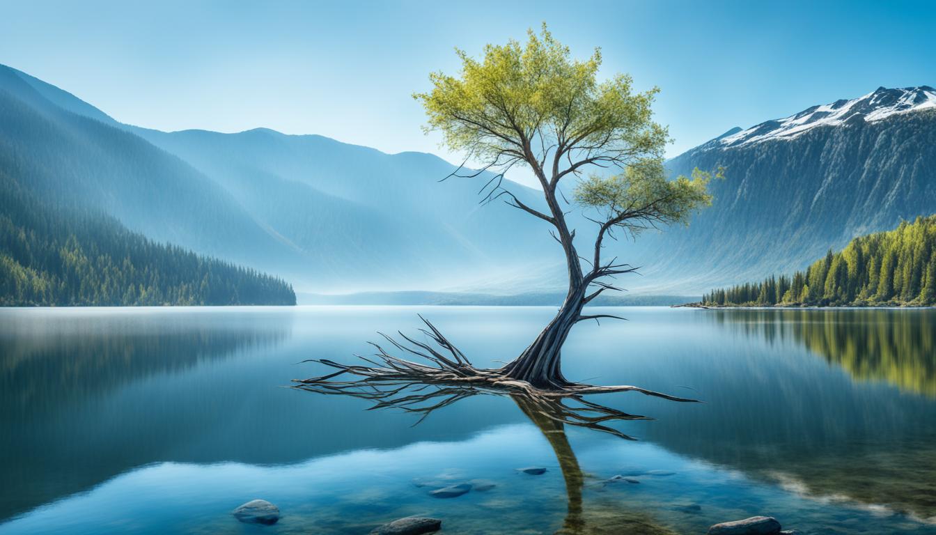 A serene lake surrounded by mountains, with a lone tree growing on its shore. The tree has scars and knots on its trunk, but is still standing tall, its branches reaching towards the sky. The water of the lake is calm and clear, reflecting the mountains and the sky above.