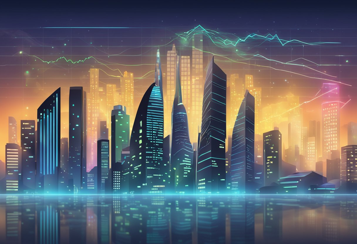 A futuristic city skyline with glowing stock market graphs projected into the sky