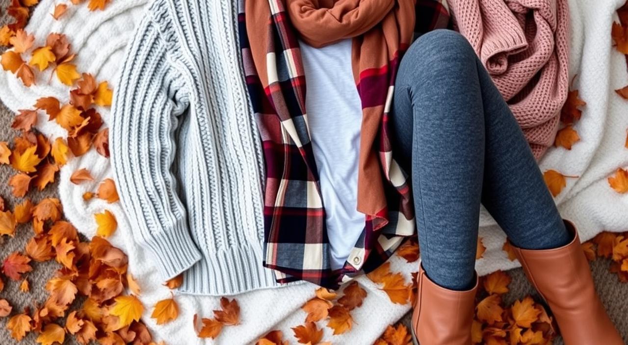 A cozy autumn scene featuring a layered outfit consisting of a chunky knit sweater, a stylish flannel shirt, a lightweight long-sleeve tee, and a warm scarf. Include textured leggings and ankle boots on a backdrop of colorful fallen leaves and soft blankets, creating a warm and inviting atmosphere.