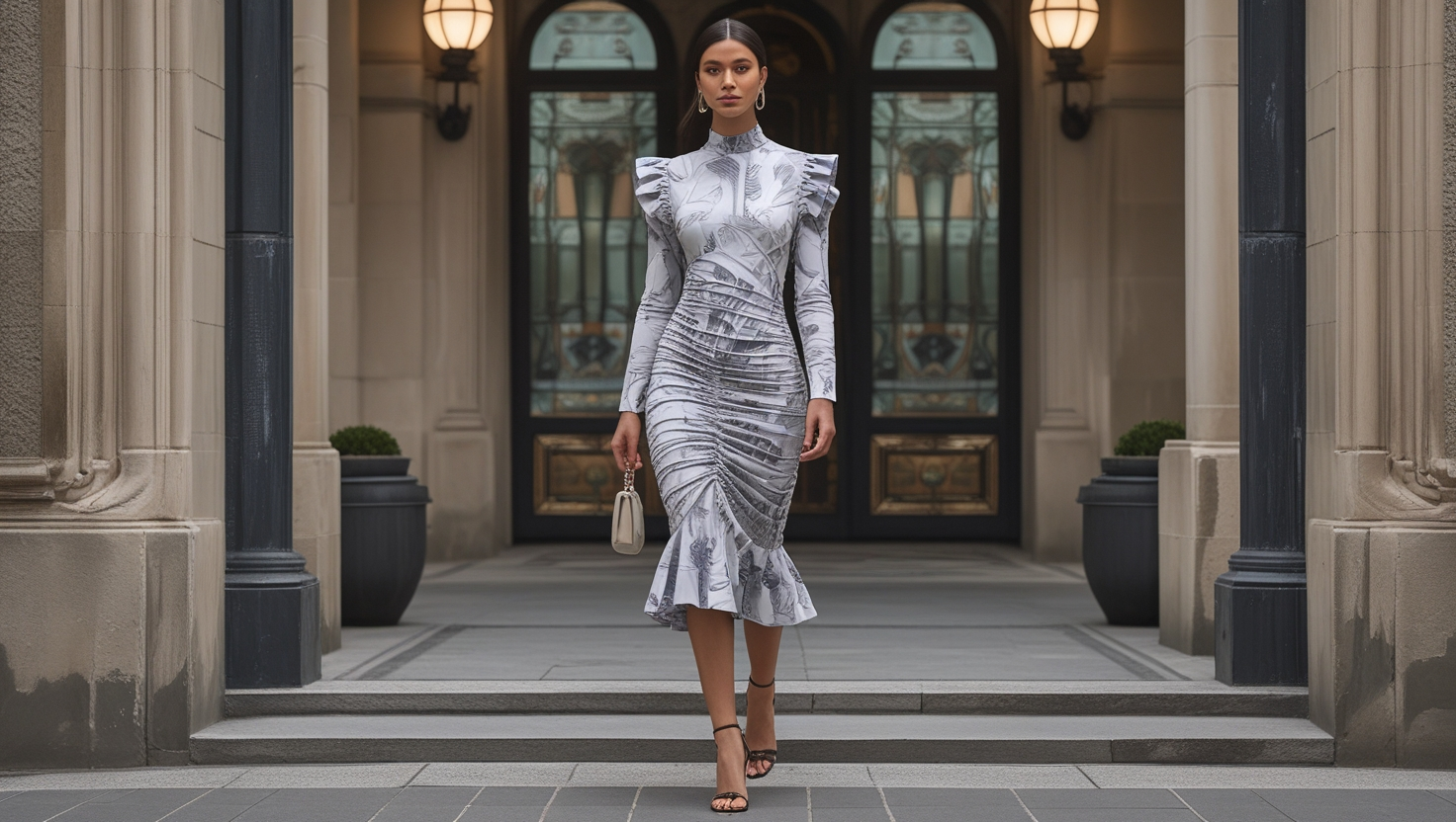 DKNY Abstract Ruched Commuter Midi Dress