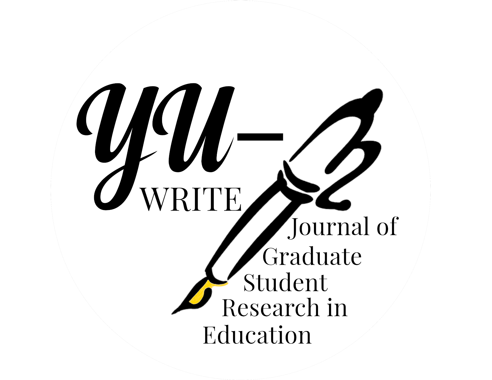 A black and white drawing of a fountain pen with a golden tip. Text reads: YU-WRITE Journal of Graduate Student Research in Education.