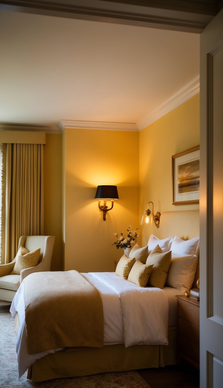 A cozy bedroom with warm yellow walls, soft amber sconce lighting casting a gentle glow, and elegant decor creating a tranquil atmosphere