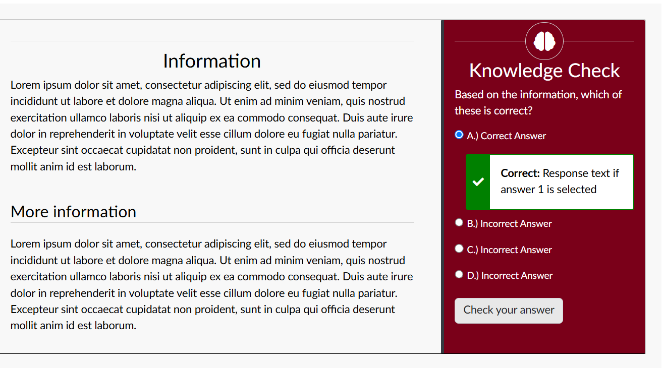 Example of a quick check quiz question titled "Knowledge Check" embedded alongside related text information on a Canvas page.
