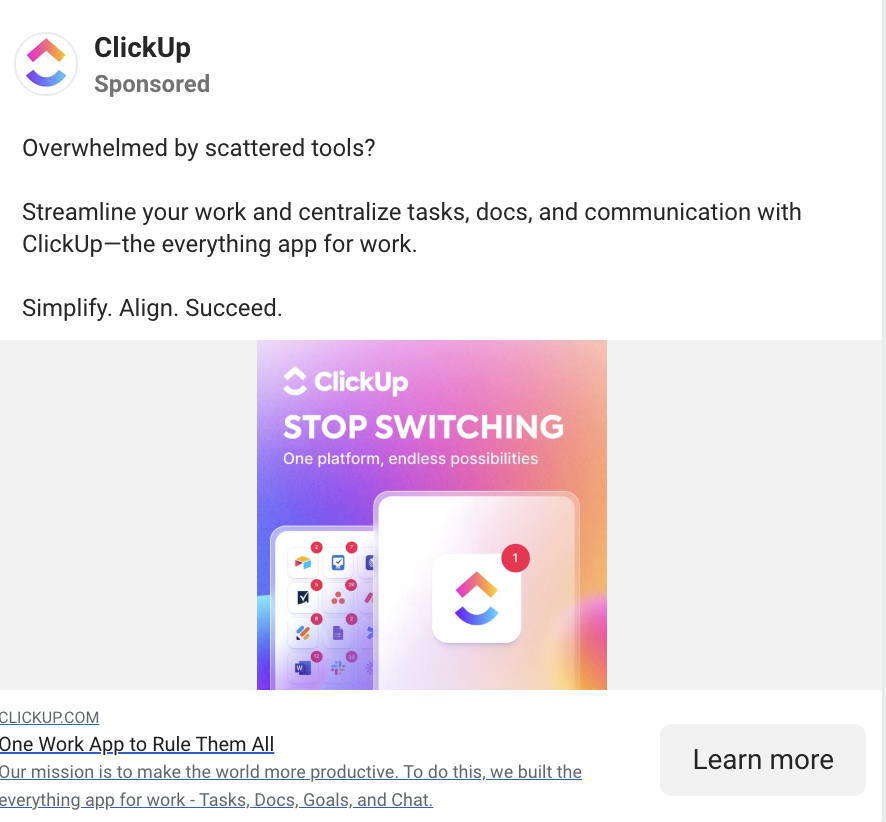 ClickUp promotes the benefit of their product