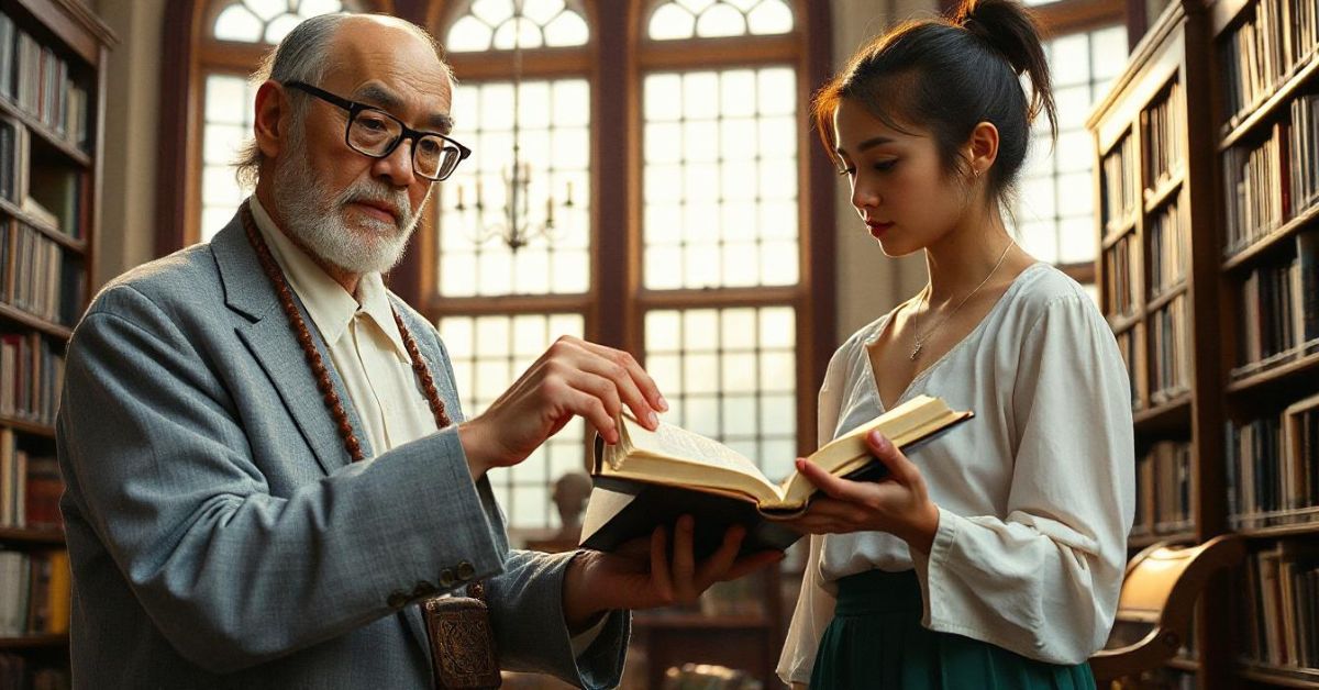 An older man and a young woman stand together, discussing the Biblical Meaning of Right-Hand Itching in front of a book.