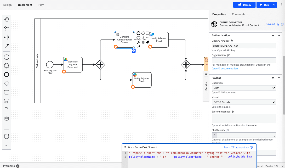 Camunda integrates AI functionality as tasks or a sub-processes within the BPMN process