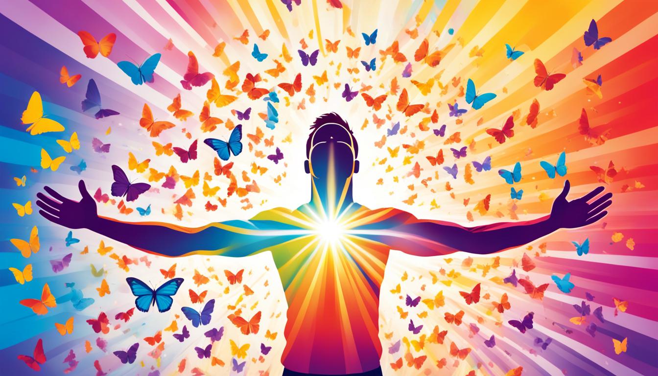 A bright light shining from the center of a person's chest, radiating outward in all directions and attracting towards it a swarm of colorful butterflies. The person stands tall, with arms outstretched and a confident expression on their face. The background is a gradient of warm, cheerful colors, suggesting positivity and openness to connection.