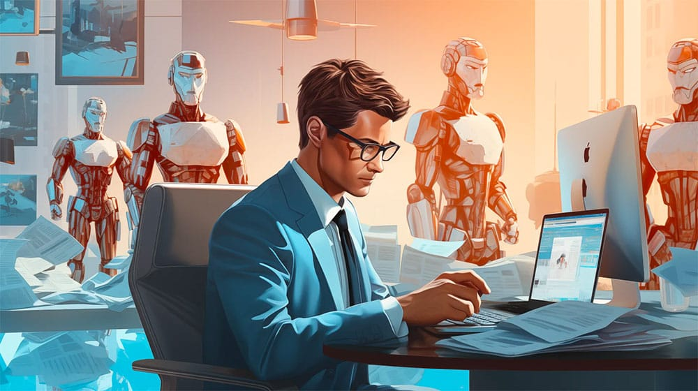 A man in a suit works on a laptop in an office surrounded by humanoid robots, with papers scattered around.