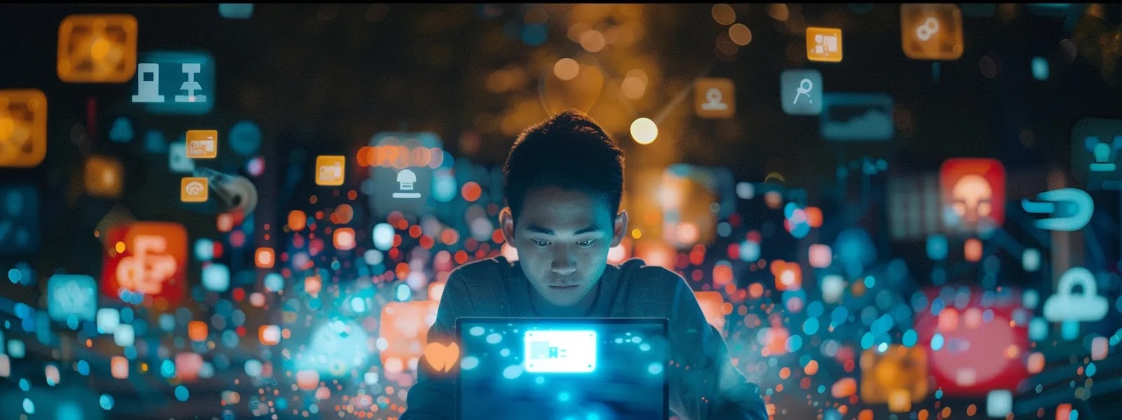 a person surrounded by various brand logos, analyzing and comparing communication styles on a laptop.