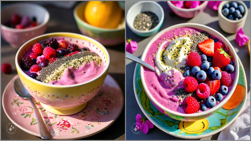 A smoothie bowl with Greek yogurt, berries, chia seeds, and hemp seeds in a ceramic bowl.