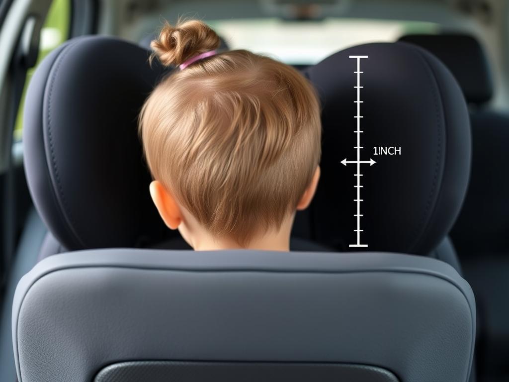 Child approaching height limit of rear-facing car seat with measurement indicator