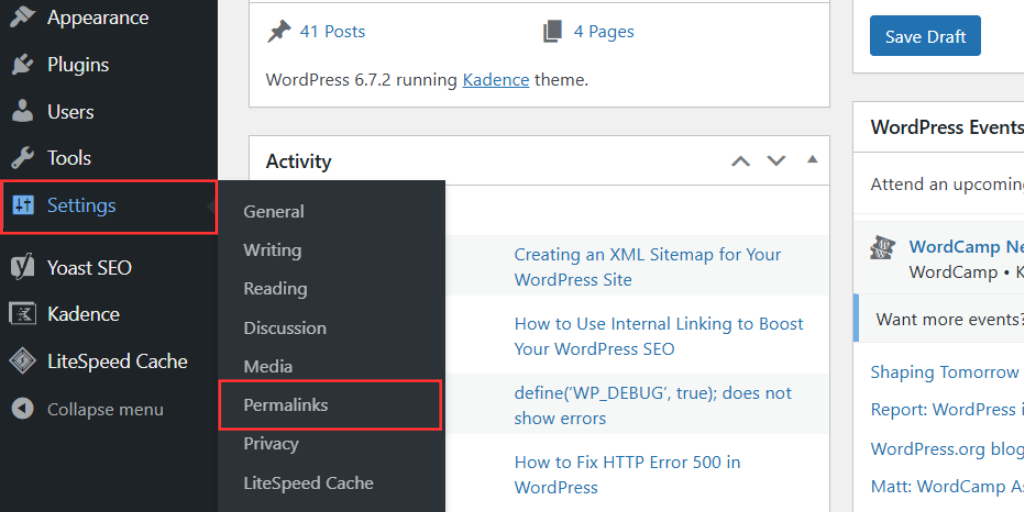 wordpress dashbaord permalink