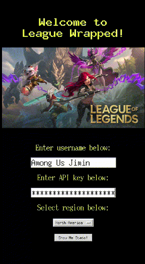 League Wrapped username, API key, and region input screen example.