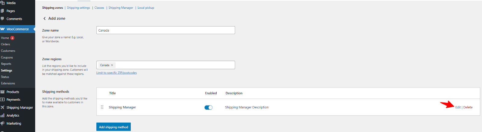 Edit a shipping method 