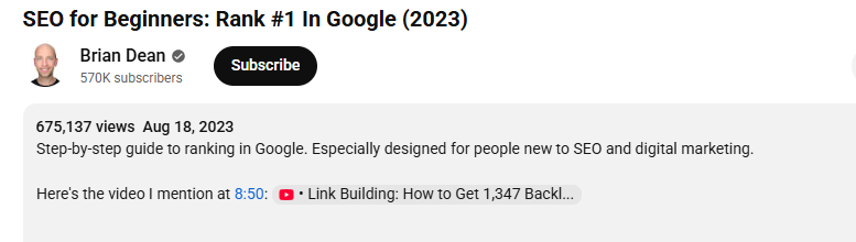 Brian Dean's YouTube video in SERPs