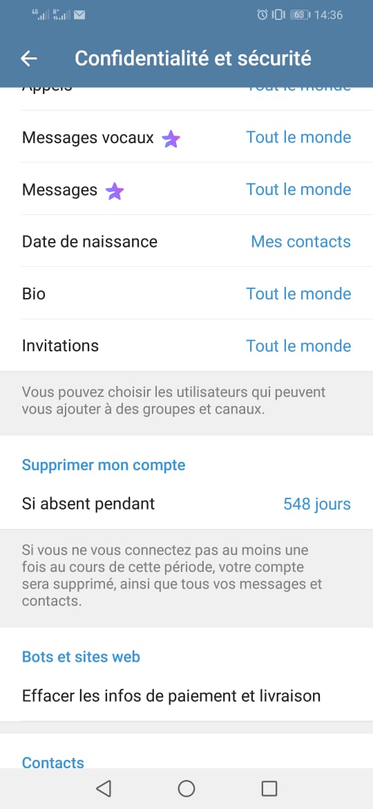 Option supprimer un compte Telegram