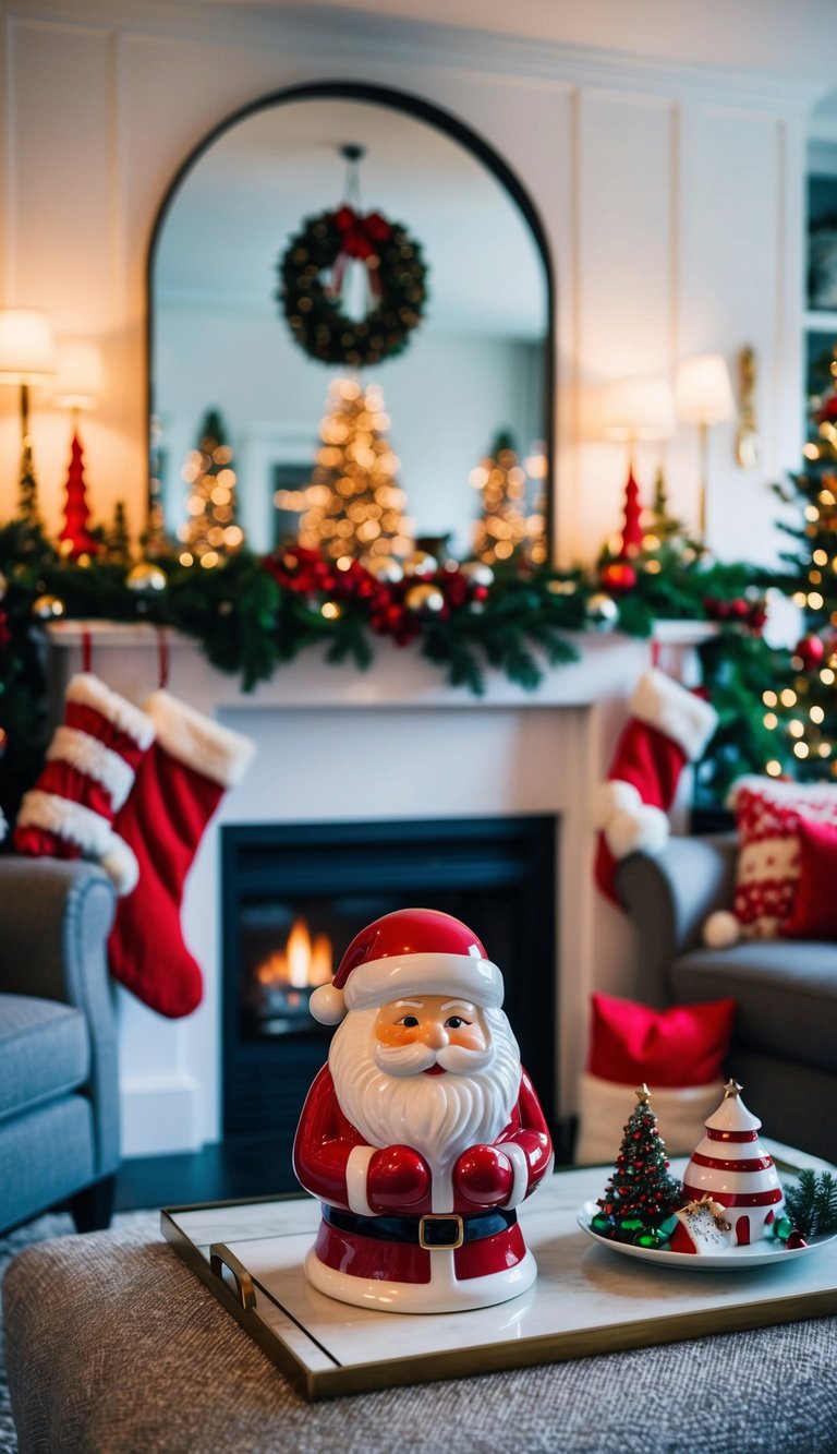 A cozy living room with a fireplace mantle adorned with a ceramic Santa cookie jar surrounded by festive Christmas decorations