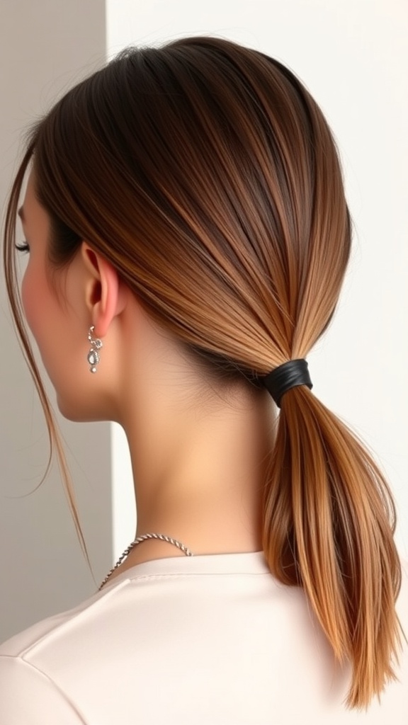 A woman with a sleek low ponytail featuring an ombre effect, styled neatly with a black hair tie, showcasing shine and elegance.