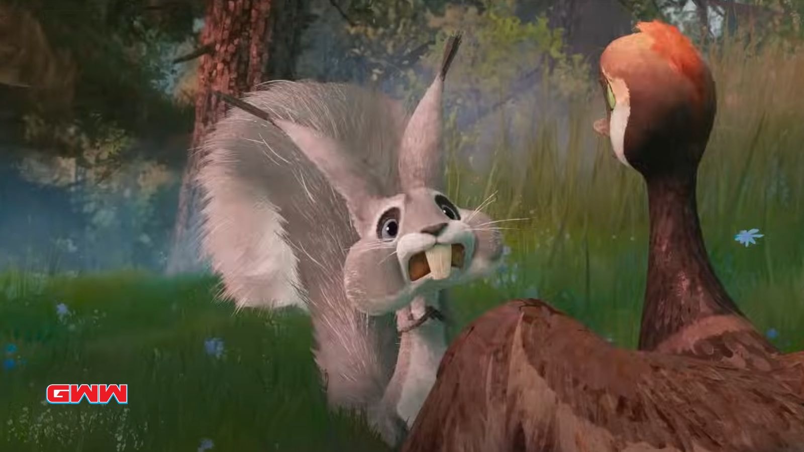 A startled rabbit with large teeth facing a Brightbill in a forest.