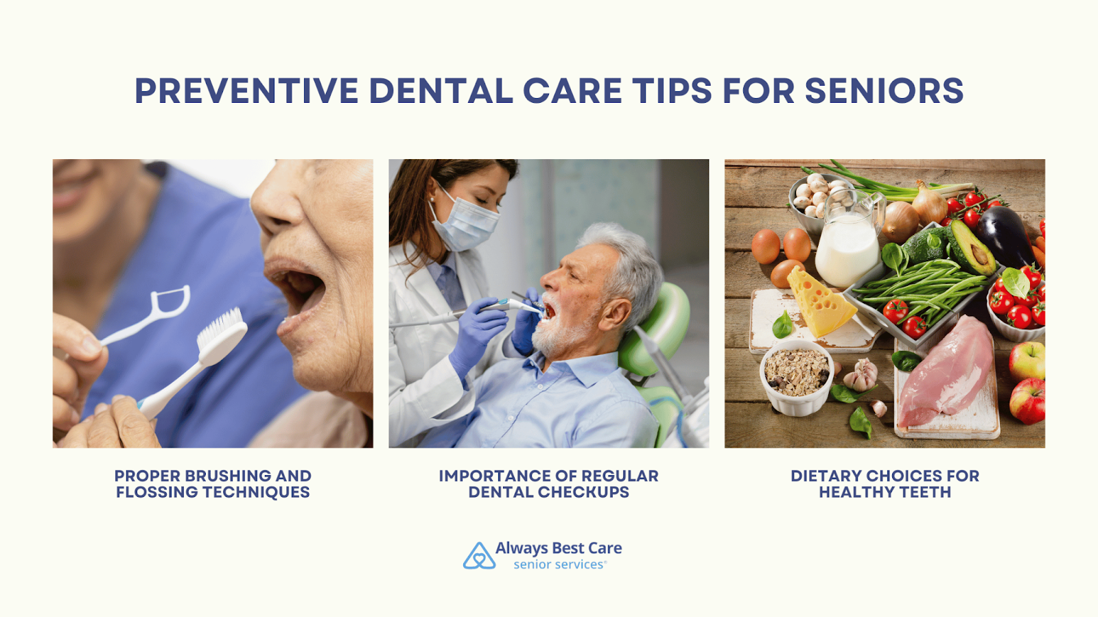 This is an infographic detailing preventive dental care tips for seniors