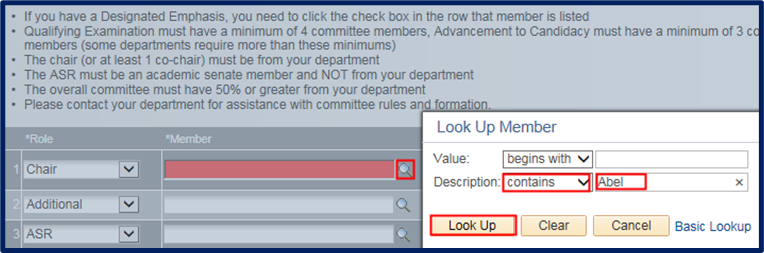 "*Member" lookup icon emphasized with red box highlight. Zoomed in view of "Look Up Member" with Description dropdowns and "Look Up" button emphasized with red box highlight. 