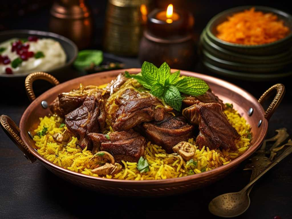 Traditional Saudi dish, Lamb Kabsa, on a table - (Credits One Stop Halal)