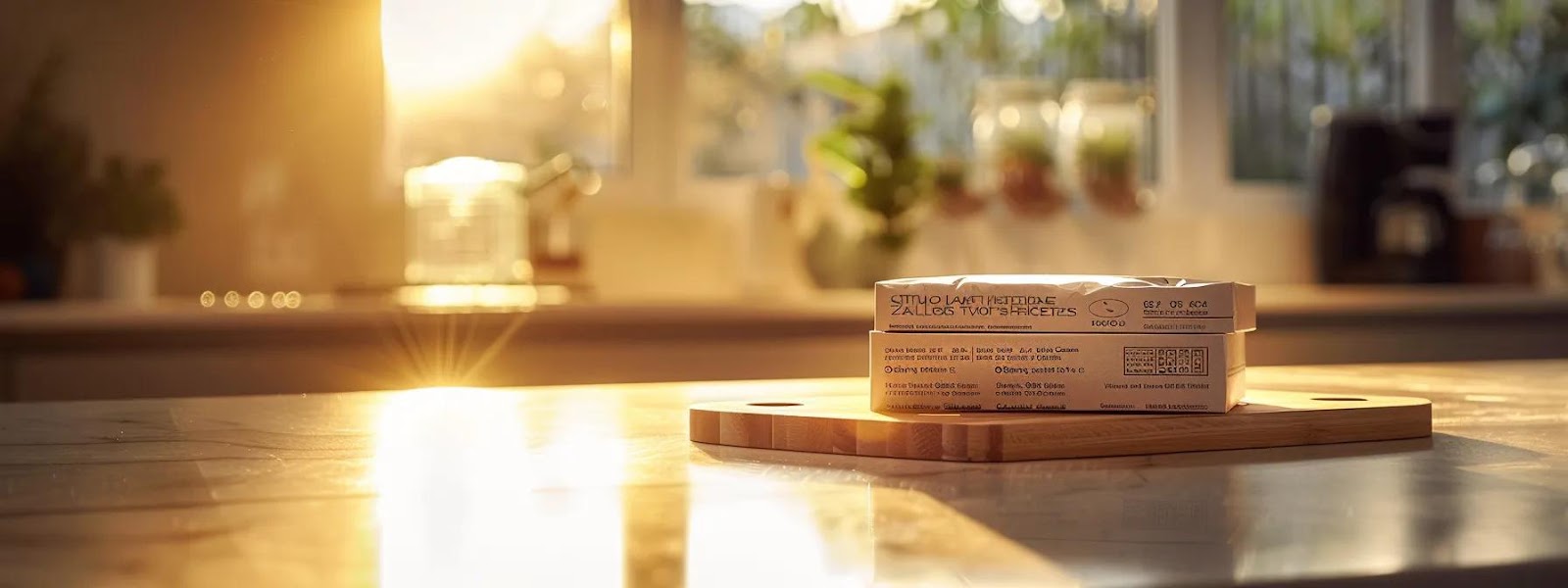 a close-up view of a thoughtfully arranged cat food package on a sleek kitchen countertop, with highlighted sections of the label illuminated by subtle, focused lighting to showcase the nutritional information and ingredients.
