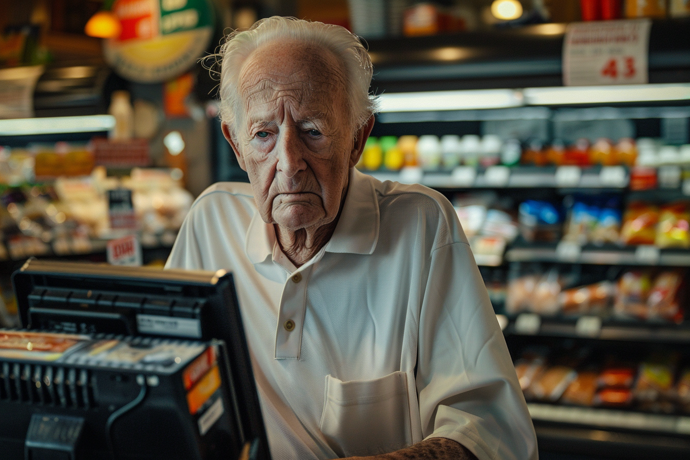 An older cashier in a grocery store | Source: Midjourney