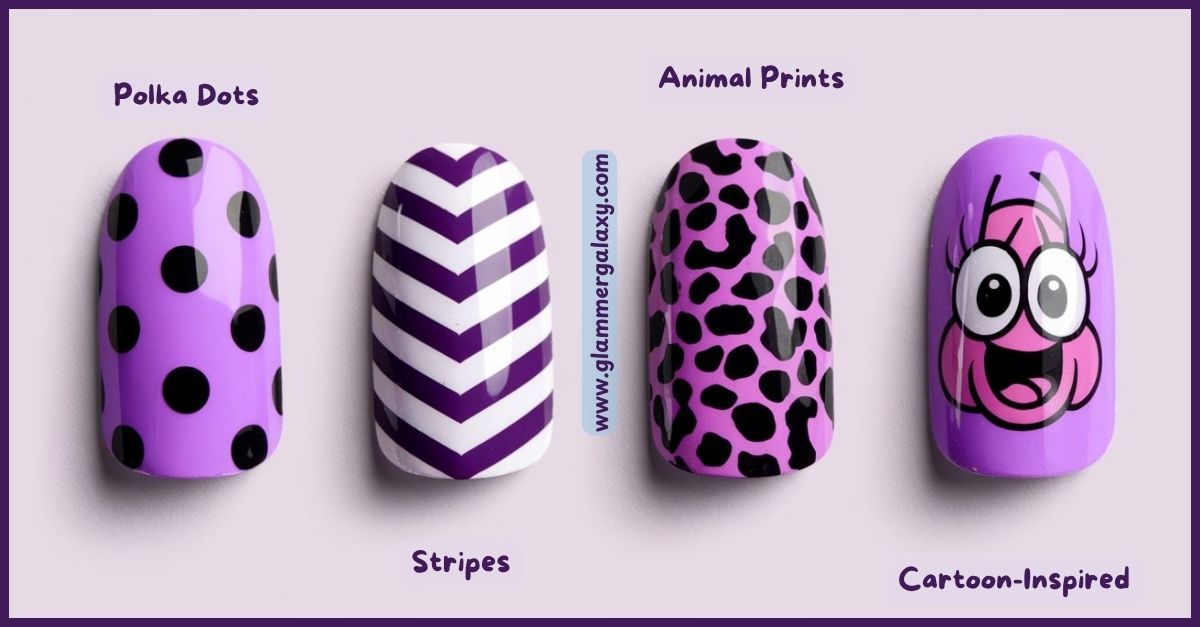 Four nail designs displayed; polka dots, stripes, animal prints, cartoon-inspired on purple background.