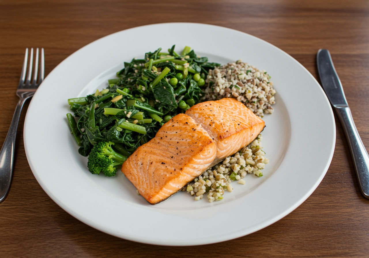 A photorealistic shot capturing a beautifully plated meal featuring grilled salmon fillet, a side of steamed green vegetables, and a small portion of whole grains, emphasizing the balanced nutrition and omega-3 rich content of the dish.