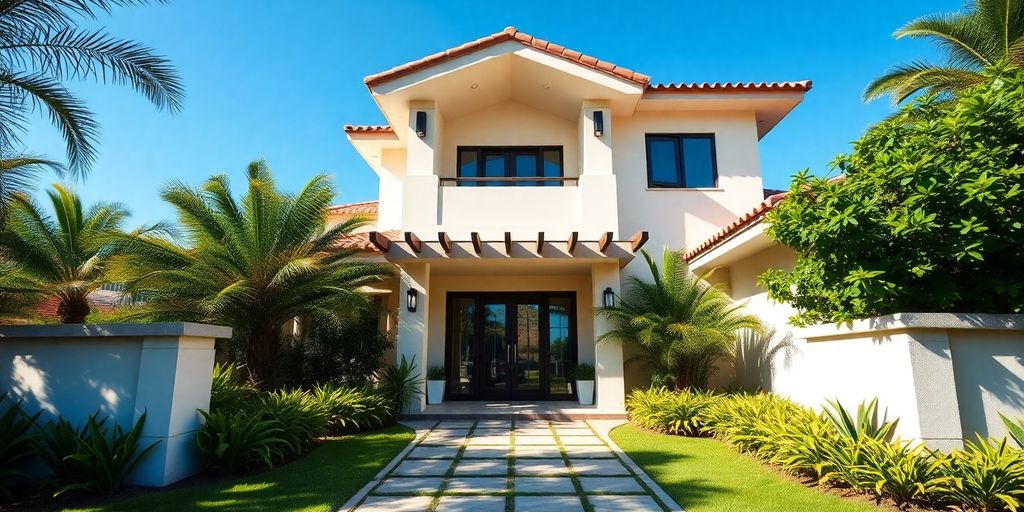 Modern villa entrance with lush greenery and blue skies.