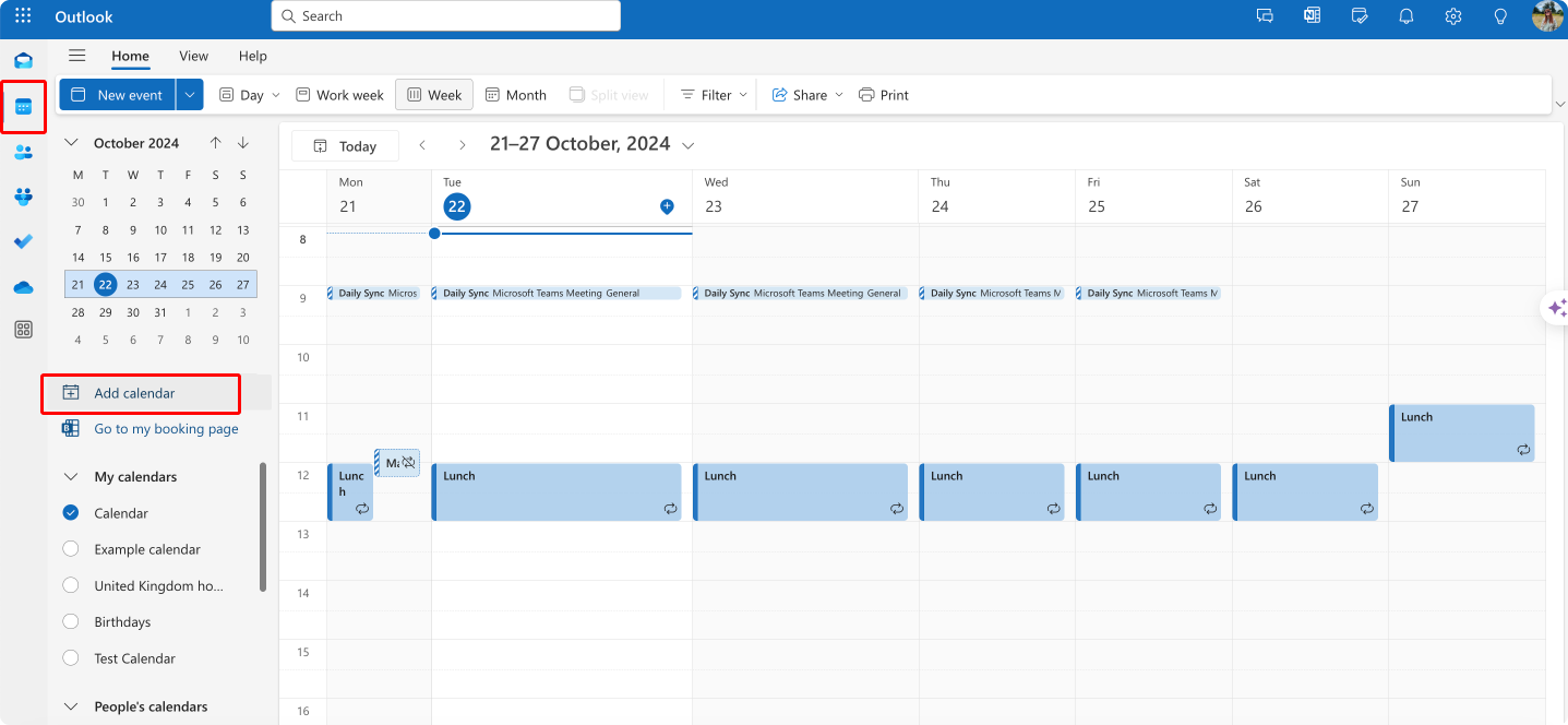 Adding a new calendar in Outlook for the web.