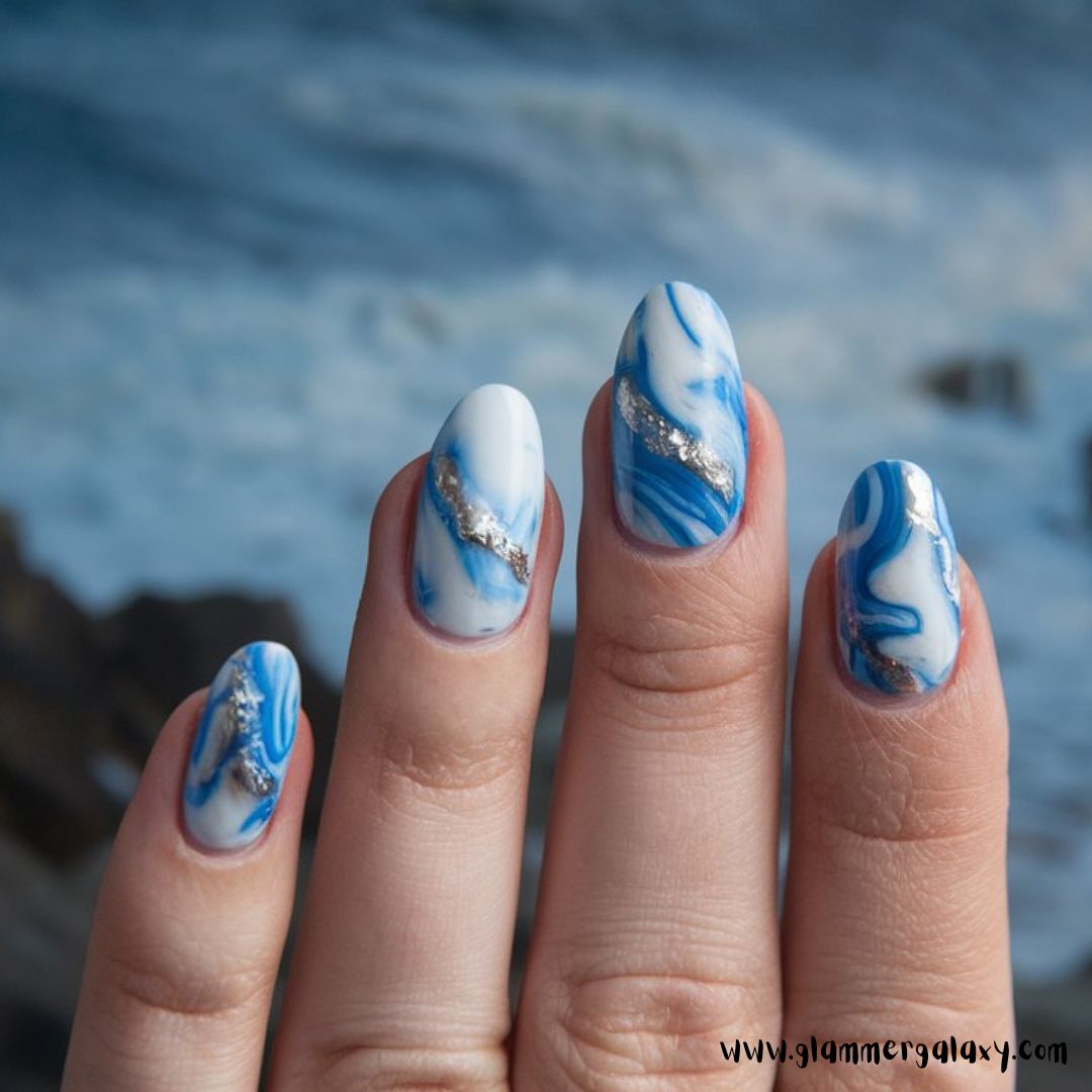 Classy Vacation Nails having Marble Ocean Accent
