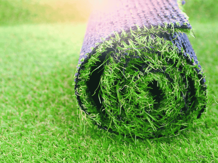 Close-up view of a rolled-up sheet of eco friendly artificial grass placed on a lawn, with sunlight in the background.