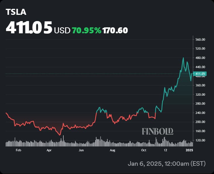 Tesla stock price performance in 2024 and at the start of 2025.