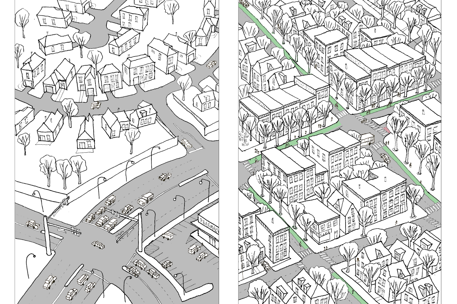 Two side-by-side line drawings. The one on the left shows a suburb with single-family homes spaced widely apart and large roads. On the right, a dense neighborhood of apartments and smaller roads, crosswalks, and bike lanes is shown. 