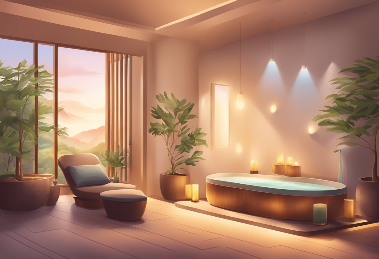 A serene spa room with soft lighting, comfortable seating, and soothing music. Aromatherapy scents fill the air, creating a peaceful and tranquil atmosphere